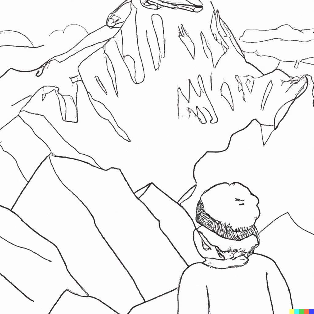 someone gazing at Mount Everest, coloring book
